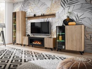 Miniaturka 1 - Meblościanka RTV z witrynami LED i biokominkiem Lioren 320 cm Hickory Jackson czarna – zdjęcie 2