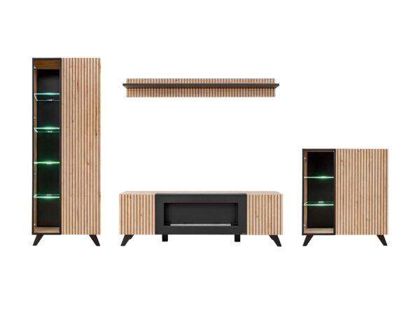 Meblościanka RTV z witrynami LED i biokominkiem Lioren 320 cm Hickory Jackson czarna