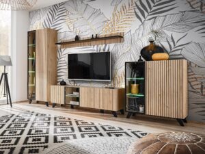 Miniaturka 1 - Meblościanka RTV z witrynami LED Lioren 320 cm Hickory Jackson czarna