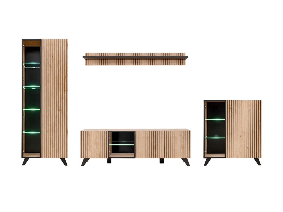 Meblościanka RTV z witrynami LED Lioren 320 cm Hickory Jackson czarna