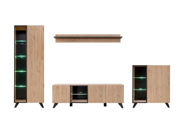 Meblościanka RTV z witrynami LED Lioren 320 cm Hickory Jackson czarna – zdjęcie 2