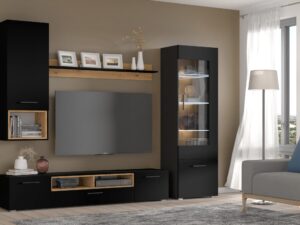 Miniaturka 11 - Meblościanka Nimet D 198 cm z witryną czarny mat / dąb artisan