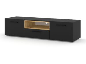 Miniaturka 1 - Szafka RTV Nimet 151 cm na białym tle, czarne fronty i wnęka dąb artisan