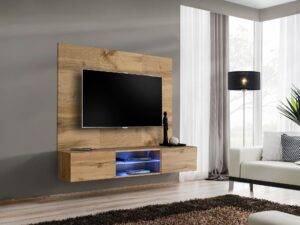 Miniaturka 1 - Meblościanka RTV Kelmoro 180 cm z panelem ściennym i półką LED – Wiszący mebel drewniany z LED