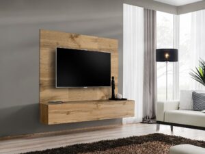 Miniaturka 1 - Meblościanka RTV Kelmoro 180 cm z panelem ściennym i szafką z klapą – Wiszący mebel drewniany z telewizorem