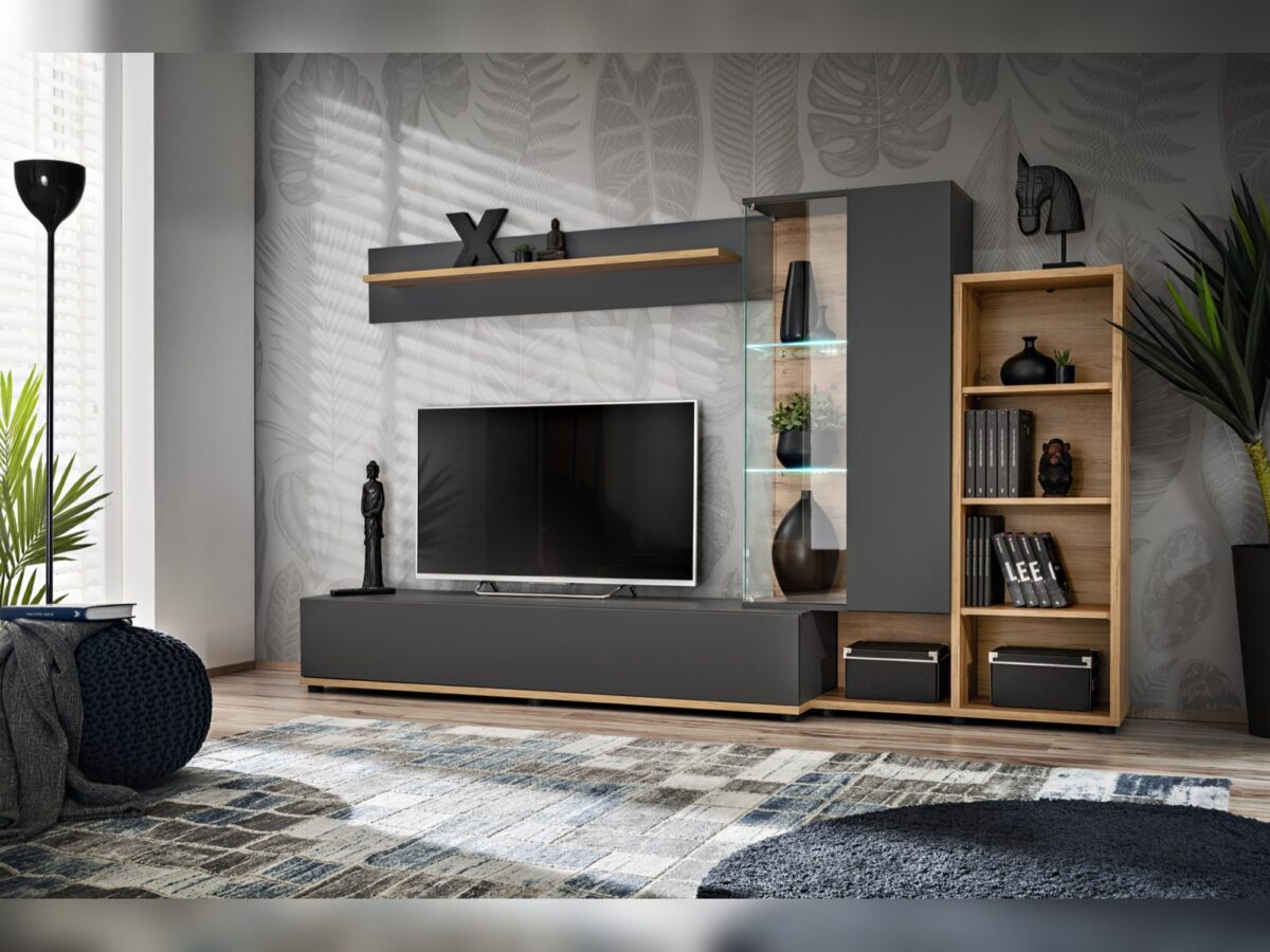 Meblościanka RTV z witryną i regałem Silvaro 240 cm