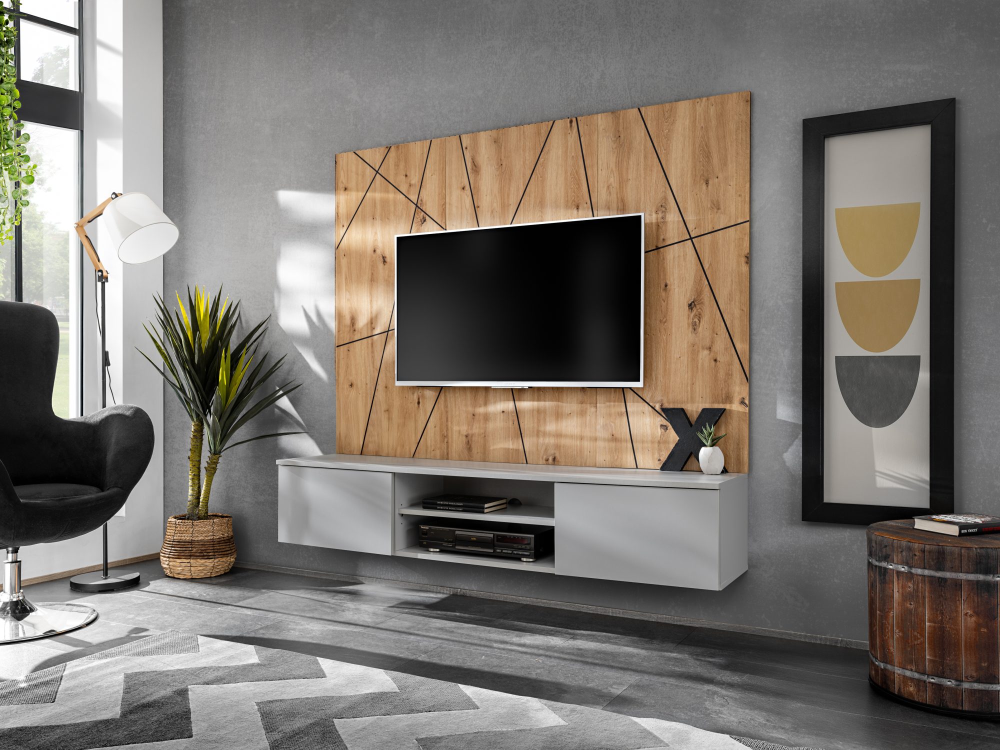 Meblościanka RTV Xarivo 160 cm z panelem we wzór geometryczny