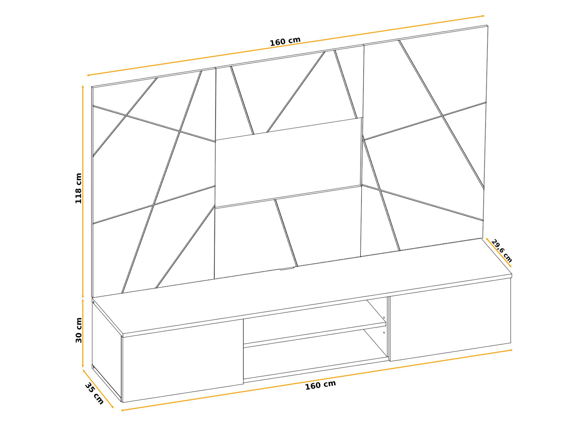 Meblościanka RTV Xarivo 160 cm z panelem we wzór geometryczny – rysunek z wymiarami
