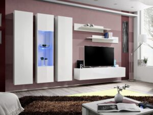 Miniaturka 4 - Meblościanka RTV z 2 szafkami i przeszkloną witryną LED Flavero 310 cm w aranżacji salonu
