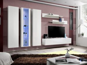 Miniaturka 4 - Meblościanka RTV z 2 szafkami i witryną LED Flavero 310 cm w aranżacji salonu