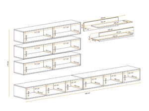 Miniaturka 2 - Meblościanka RTV z 2 szafkami RTV i 3 szafkami uchylnymi Flavero 320 cm – rysunek z wymiarami