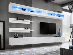 Miniaturka 5 - Meblościanka Flavero 320 cm biały biały połysk 2 witryny LED