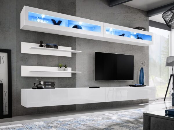 Meblościanka Flavero 320 cm biały biały połysk 2 witryny LED