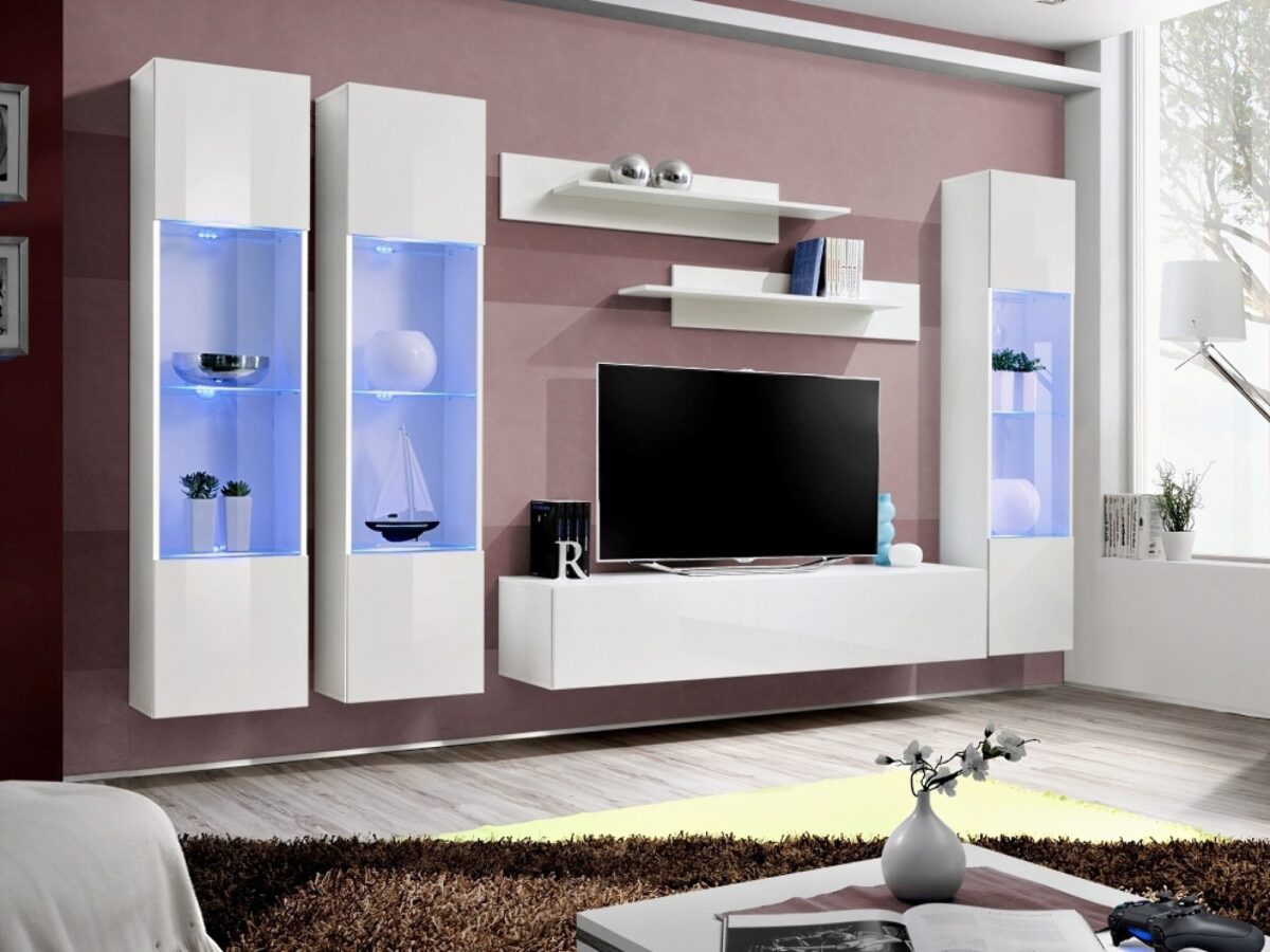 Meblościanka RTV z 3 przeszklonymi witrynami LED Flavero 310 cm