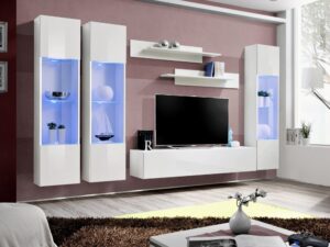 Miniaturka 5 - Meblościanka RTV z 3 przeszklonymi witrynami LED Flavero 310 cm w aranżacji salonu