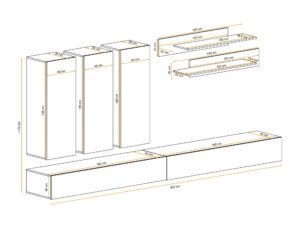 Miniaturka 2 - Wymiary – Meblościanka RTV z 3 szafkami Flavero 320 cm biały połysk