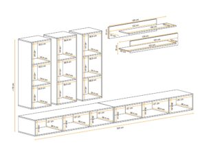 Miniaturka 1 - Wymiary – Meblościanka RTV z 3 szafkami Flavero 320 cm biały połysk