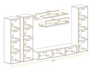 Miniaturka 2 - Meblościanka RTV z 3 witrynami Flavero 310 cm – rysunek z wymiarami