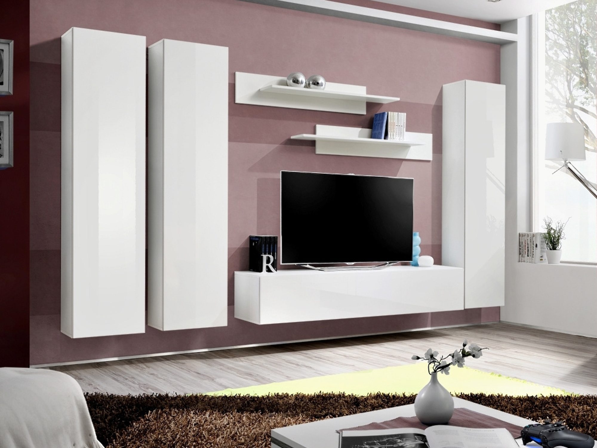 Meblościanka RTV z 3 witrynami Flavero 310 cm w aranżacji salonu