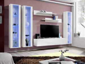 Miniaturka 5 - Meblościanka RTV z 3 witrynami LED Flavero 310 cm w aranżacji salonu