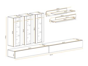 Miniaturka 2 - Wymiary – Meblościanka RTV z 3 witrynami LED Flavero 320 cm biały połysk