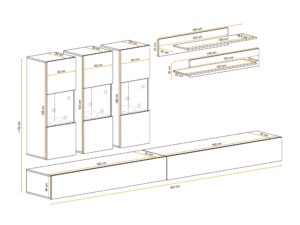 Miniaturka 2 - Wymiary – Meblościanka RTV z 3 witrynami LED Flavero E3 320 cm biały połysk