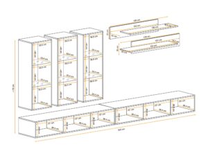 Miniaturka 1 - Wymiary – Meblościanka RTV z 3 witrynami LED Flavero E3 320 cm biały połysk