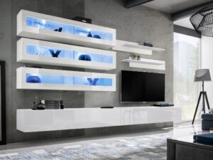 Miniaturka 4 - Meblościanka RTV z 3 witrynami LED Flavero J2 320 cm biały połysk