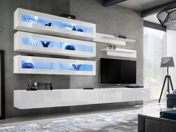 Meblościanka RTV z 3 witrynami LED Flavero J2 320 cm biały połysk