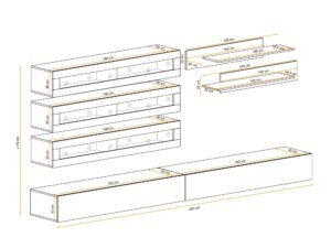 Miniaturka 2 - Wymiary – Meblościanka RTV z 3 witrynami LED Flavero J2 320 cm biały połysk