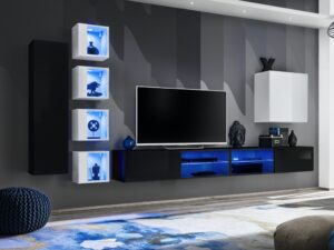 Miniaturka 1 - Meblościanka RTV z 4 witrynami LED i 2 szafkami Kelmoro 320 cm w aranżacji salonu