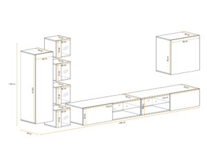 Miniaturka 3 - Meblościanka RTV z 4 witrynami LED i 2 szafkami Kelmoro 320 cm – rysunek z wymiarami, widok 2