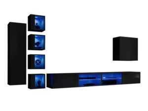 Miniaturka 4 - Meblościanka RTV z 4 witrynami LED i 2 szafkami Kelmoro 320 cm