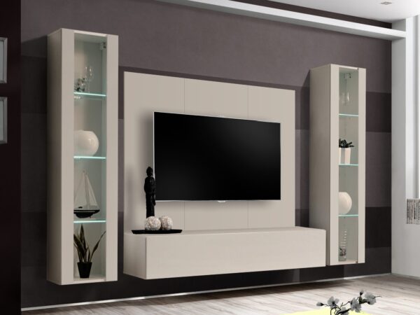 Meblościanka RTV Flavero 240 cm z panelem i 2 witrynami LED