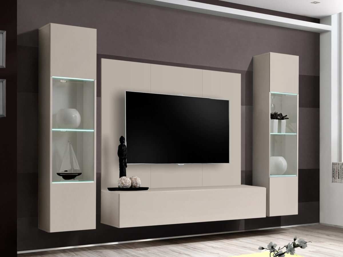 Meblościanka RTV z panelem i witrynami LED Flavero 240 cm kaszmir