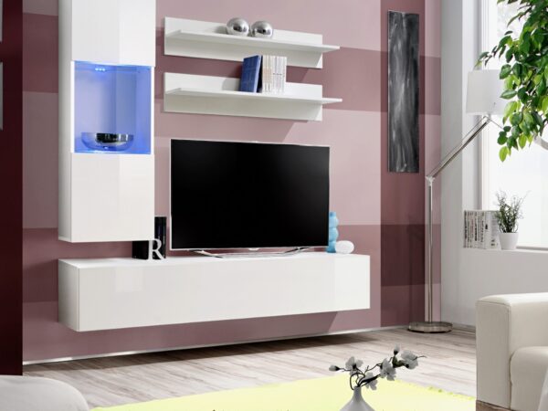Meblościanka RTV z przeszkloną witryną LED Flavero 160 cm w aranżacji salonu