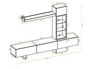 Miniaturka 5 - Meblościanka RTV z witryną i półką Riselio 240 cm dąb Flagstaff – rysunek z wymiarami, widok 2