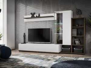 Miniaturka 2 - Meblościanka RTV z witryną i regałem Silvaro 240 cm – wersja biały połysk z ciemnym drewnem Perla Elm w salonie