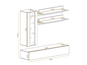 Miniaturka 3 - Meblościanka RTV z witryną LED Flavero 160 cm – rysunek z wymiarami, widok 2