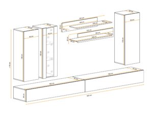 Miniaturka 2 - Wymiary – Meblościanka RTV z witryną LED i 2 szafkami Flavero 320 cm biały połysk