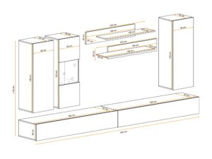 Miniaturka 2 - Wymiary – Meblościanka RTV z witryną LED i 2 szafkami Flavero E5 320 cm biały połysk