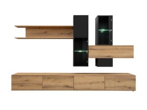 Miniaturka 4 - Meblościanka RTV z witrynami i LED Cruvero 280 cm dąb Coast Evoke czarny