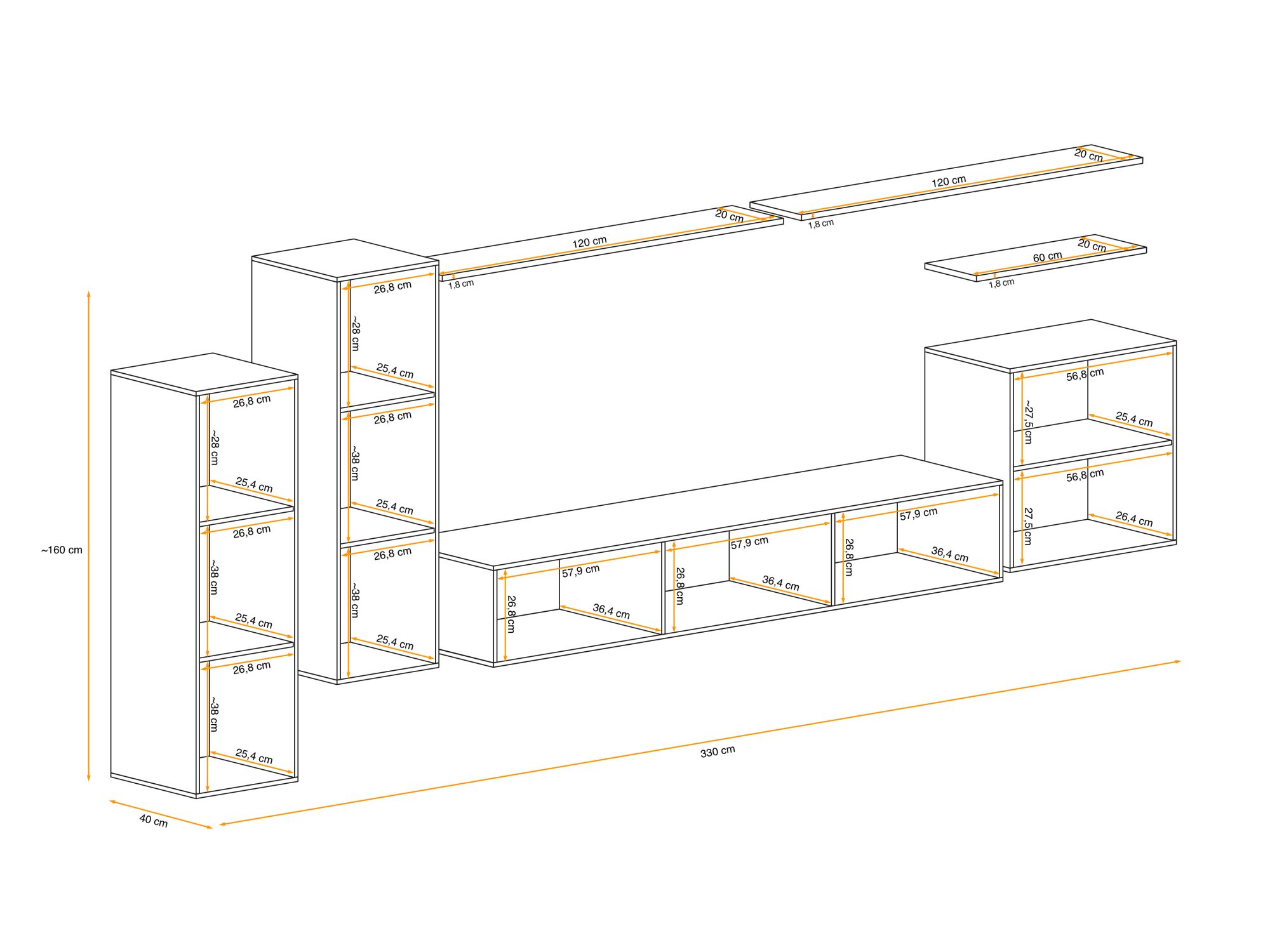 Układ modułów meblościanki Kelmoro 330 cm
