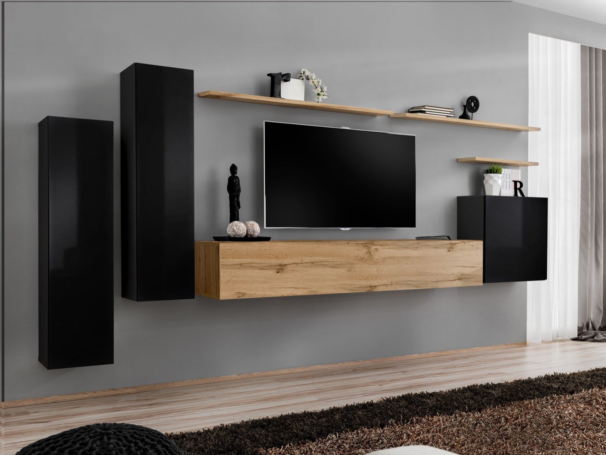 Meblościanka Kelmoro 330 cm w salonie – widok całego zestawu