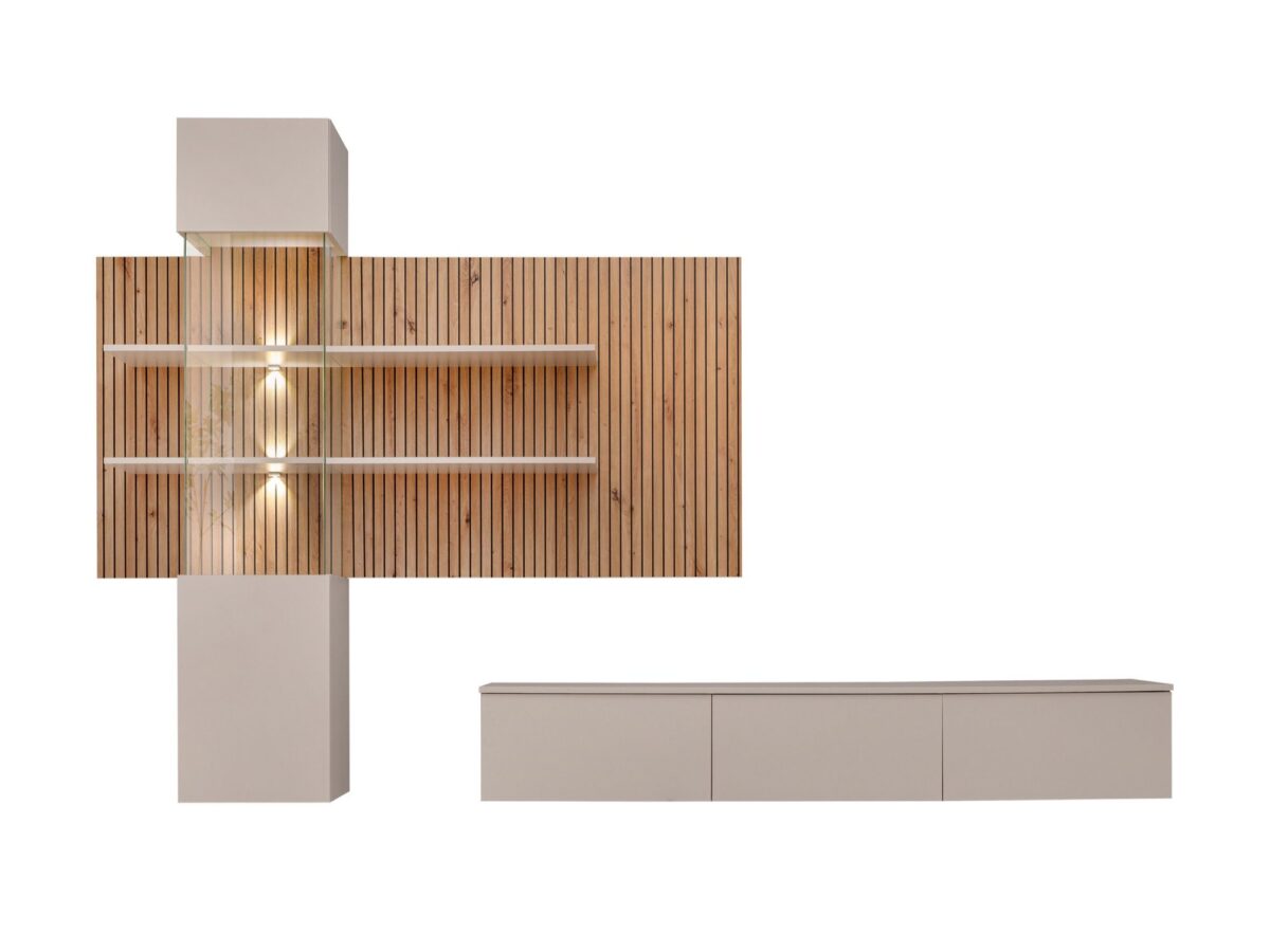 Meblościanka wisząca z witryną i LED Gustaro 280 cm kaszmir dąb artisan