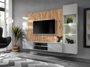 Miniaturka 1 - Meblościanka RTV z witryną LED Xarivo 200 cm Perla Gray dąb Artisan – zdjęcie 2