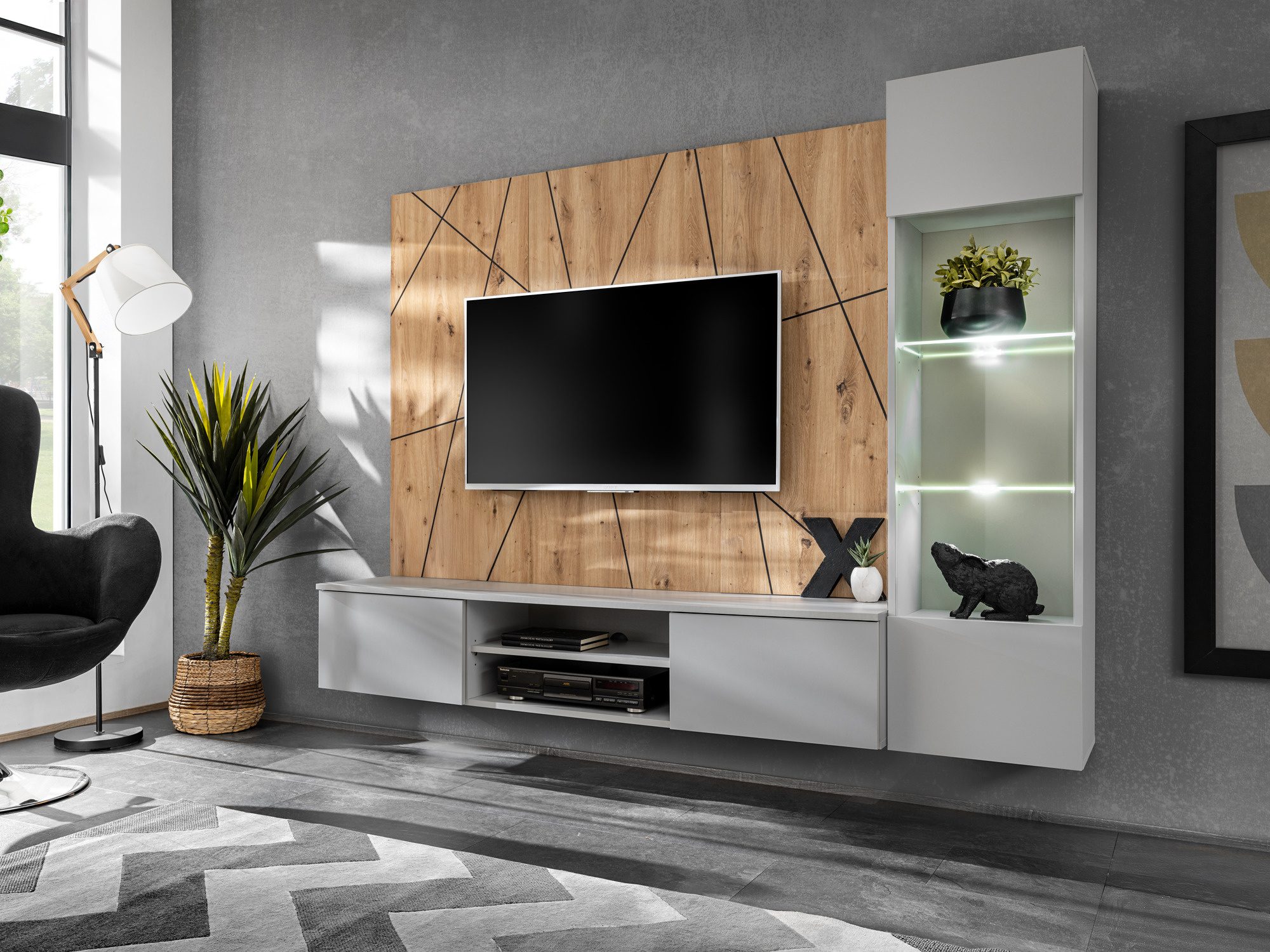 Meblościanka RTV z witryną LED Xarivo 200 cm z panelem we wzór geometryczny – zdjęcie 2