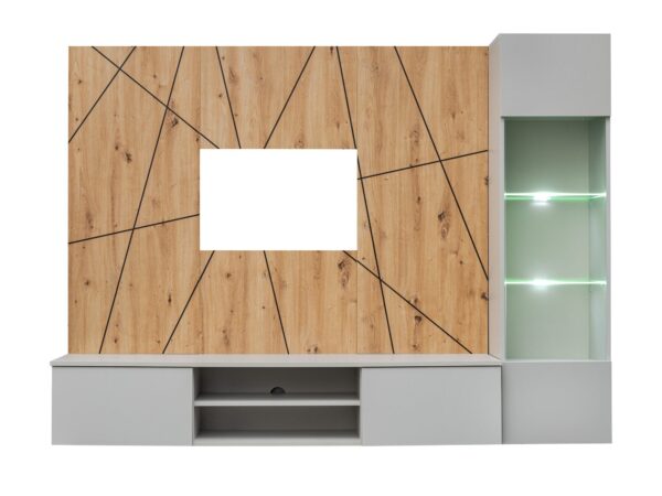Meblościanka RTV z witryną LED Xarivo 200 cm Perla Gray dąb Artisan