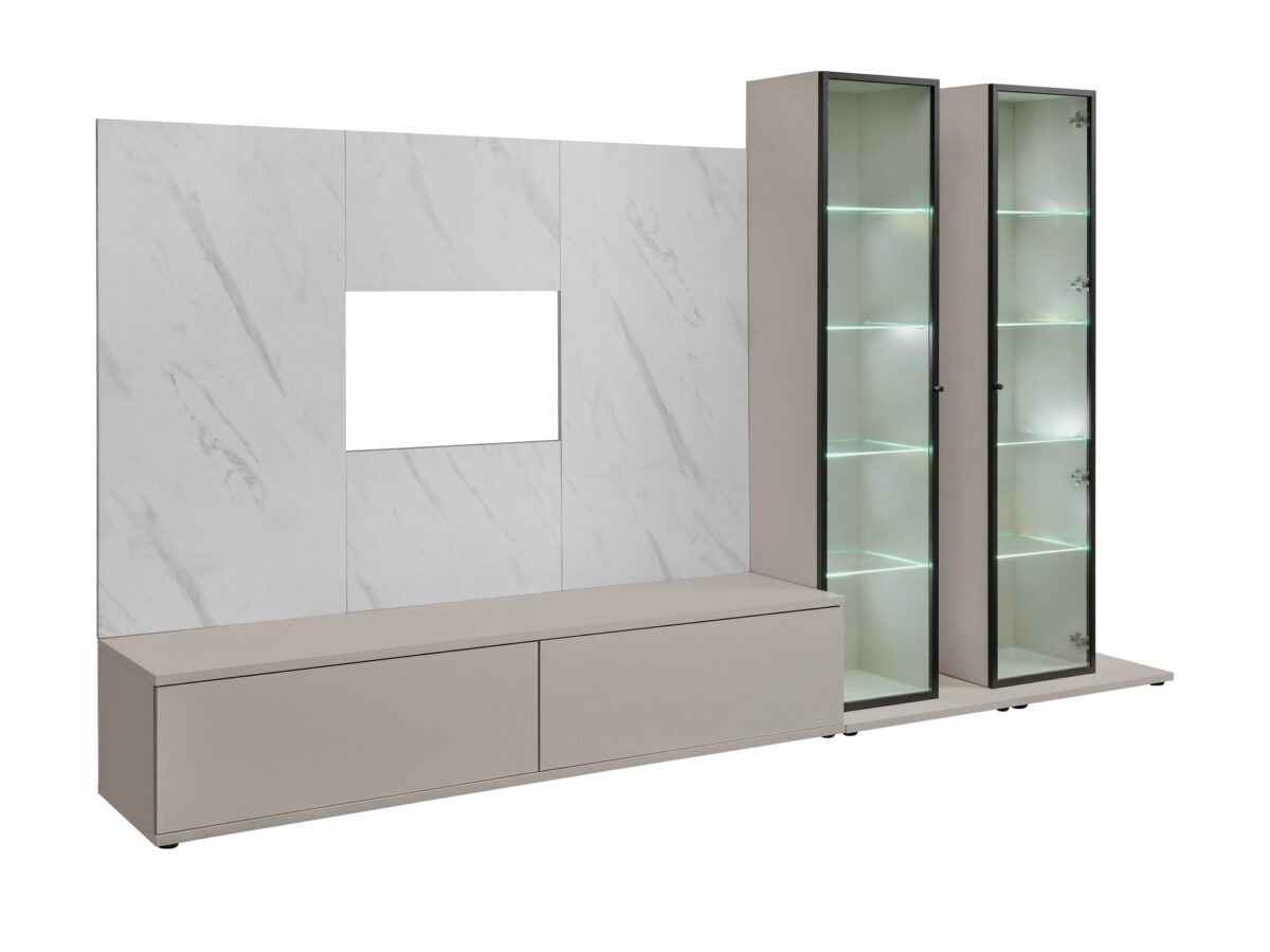 Meblościanka z 2 witrynami i LED Glamoro 300 cm kaszmir marmur bianco