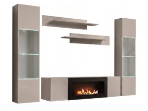 Miniaturka 5 - Meblościanka Flavero 260 cm kaszmir witryny LED biokominek